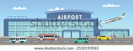 Plane on airport illustration. Airplane landing vector art. Airport building. People go to airport. Public transportation. People waiting taxi. Car and bus in front of the airport.