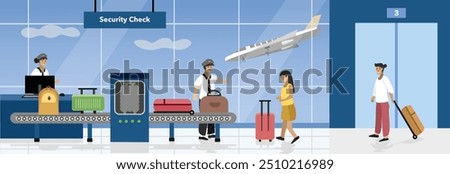 Airport baggage scanner. Conveyor belt with luggage in airport terminal. X ray of luggage. People in airport. Air station security checking. Luggage checking. airplane landing. Airport interior.