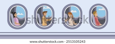 People sit in airplane. Airline windows. Windows from outside the airplane. Airplane from outside. People sleep in airplanes. Holiday by plane. People travel by airplane. Passengers seat in the plane