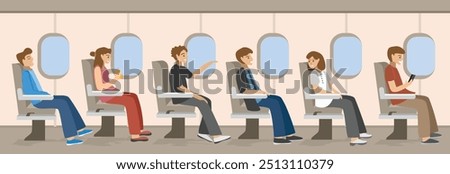 Airline passengers. People travelling by airplane. Airplane interior. People sit in airplanes. People activity in airplanes. Airplane business class. 