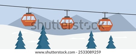 Ski lift transportation. Cable car in the winter. Winter hill with cable car. Winter landscape. Ropeway illustration. Gondola lift. Cable car system. Mountain transportation. Ski lift illustration. 