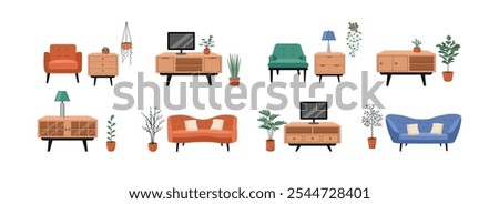 Set of living room object. Collection of living room illustration. Tv desk. Modern sofa. Hanging plant. Modern living room. Elegant living room objests. 