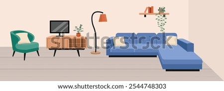 Living room interior design. Tv cabinet. Tv desk. Hanging plant. Cozy sofa. Modern living room. Living room landscape. Blue couch.