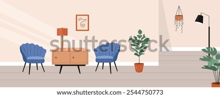 Hotel hallway. Home interior. Living room interior. Living room decoration. Sitting room. Potted plant. Floor lamp illustration. Bohemian living room illustration. Flat design. 