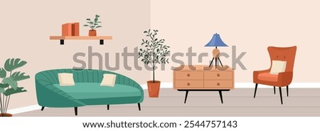 Apartment lobby illustration. Hotel lobby illustration. Living room apartment. Living room illustration. Living room landscape. Cozy sofa. Potted plant. 