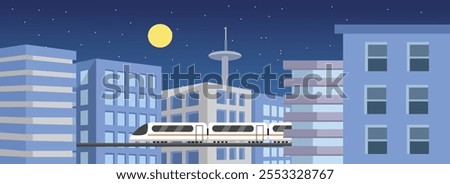 Train at night. Train travelling through the city. Train in the metropolitan area. Trains through building. Chongqing train transportation. Chongqing rail transit. Subway in the city. City tram.