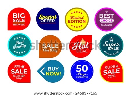 Sale quality badges. Round hundred percent assured label badge. Sticker, exclusive premium best price button. Seller offer big sale, hot deal or buy now signage vector illustration isolated icons set