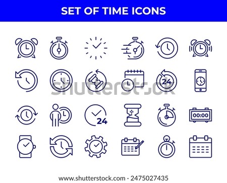 A collection of line-drawn icons related to time management, including alarm clocks, stopwatches, and calendars. These icons could be used in various applications to represent time-related functions.