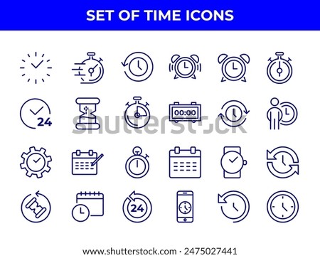 A collection of line-drawn icons related to time management, including alarm clocks, stopwatches, and calendars. These icons could be used in various applications to represent time-related functions.