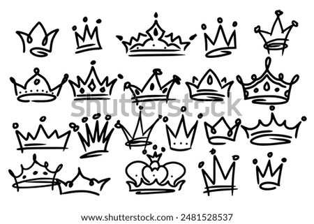 Sketch crown. Simple graffiti crowning, elegant queen or king crowns hand drawn. Royal imperial coronation symbols, monarch majestic jewel tiara isolated icons vector illustration set