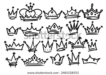 Sketch crown. Simple graffiti crowning, elegant queen or king crowns hand drawn. Royal imperial coronation symbols, monarch majestic jewel tiara isolated icons vector illustration set