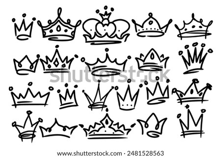 Sketch crown. Simple graffiti crowning, elegant queen or king crowns hand drawn. Royal imperial coronation symbols, monarch majestic jewel tiara isolated icons vector illustration set