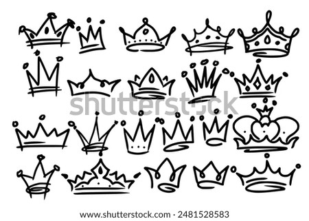 Sketch crown. Simple graffiti crowning, elegant queen or king crowns hand drawn. Royal imperial coronation symbols, monarch majestic jewel tiara isolated icons vector illustration set