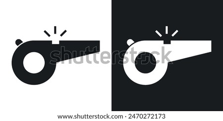 Whistle icons. Soccer or football match referee whistle vector icon. Trainer coach blow whistle symbol.