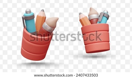 Set of 3D pencil cups in cartoon style. Concept of convenient storage of stationery for daily use. Desktop office, school, kindergarten accessories. Vector templates