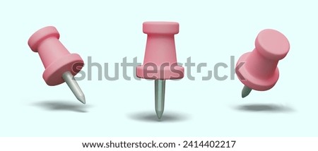 Pink metal push pin with plastic top. Realistic device for attaching pieces of paper to board