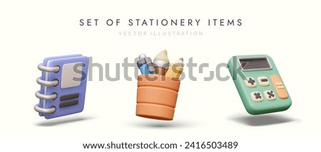 Set of stationery items in realistic cartoon style. Notebook with blue cover