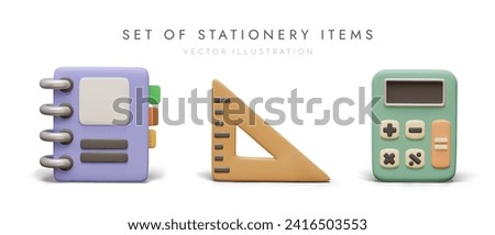 Set of stationery items. Realistic notebook, measuring tool with right angle
