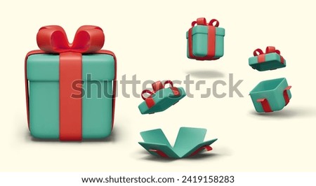 Green gift box with red ribbon and bow. Realistic packaging in different positions