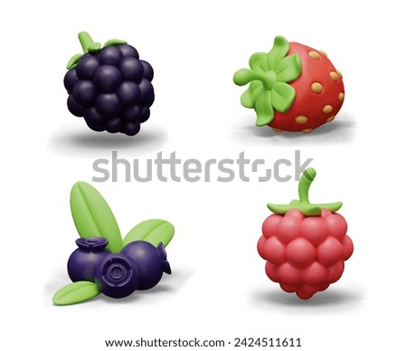 Set of 3D berries in cartoon style on white background. Blackberry, strawberry, blueberry, raspberry