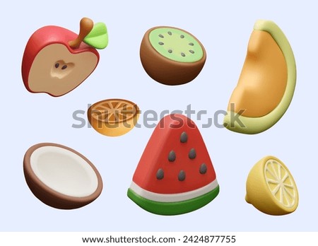 Set of 3D whole and sliced fruits, vegetables, nuts on purple background