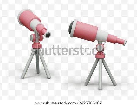 Pink realistic telescope on tripod. Device for astronomical observations