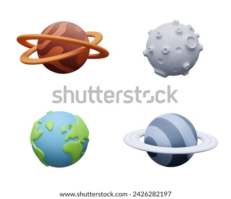 Realistic earth, round moon with craters, striped planet with ring