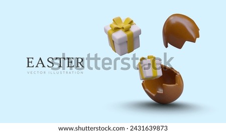 Pleasant surprises for Easter. Broken chocolate egg filled with gift boxes