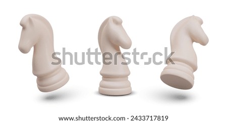 Set of white chess knights, horses. Realistic vector elements in different position