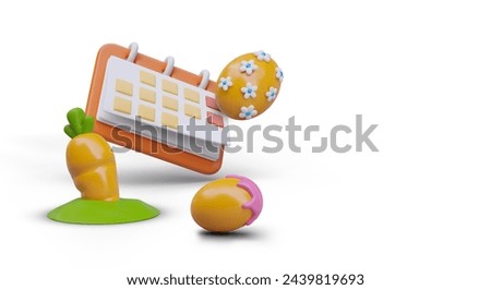 Day off, spring holiday. Realistic calendar with marks, painted egg, carrot in ground