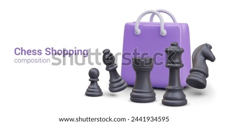 Chess shopping composition. Realistic shopping bag, game figures
