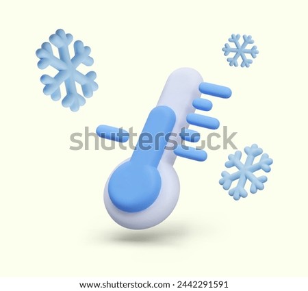 Low temperature concept. Blue thermometer, falling snowflakes