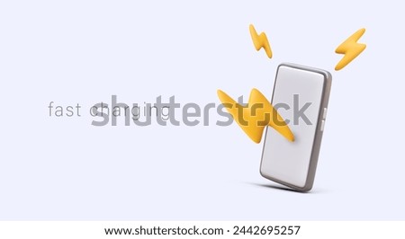 Fast charging concept. Realistic smartphone with blank screen, yellow lightning bolts