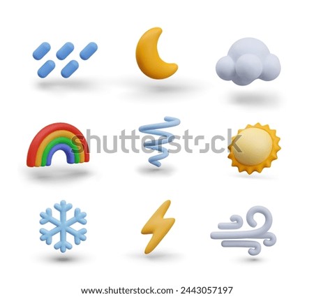 Rain, crescent, cloud, rainbow, tornado, sun, snowflake, lightning, wind