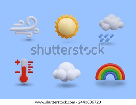 3D wind, sun, rain, red thermometer, white cloud, rainbow