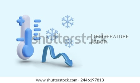 Concept of lowering temperature. Blue banner with 3D thermometer, snowflake, arrow down