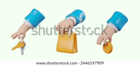 Collection of realistic hands holding different objects. 3D keys, coin, shopping bag