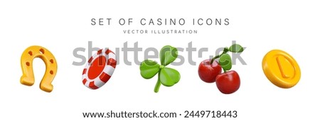 Golden horseshoe, poker chip, shamrock clover, cherries, coins