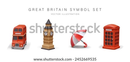 Realistic double decker bus, Big Ben, umbrella, red phone booth