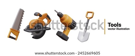 Hand saw, electric drill, shovel, circular saw. Tools for home repair, gardening, construction