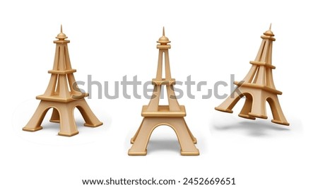 Metal model of Eiffel Tower. Realistic object in different positions. Symbol of France, Paris