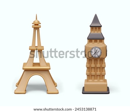 Eiffel Tower and Big Ben. Realistic architectural monuments on white background