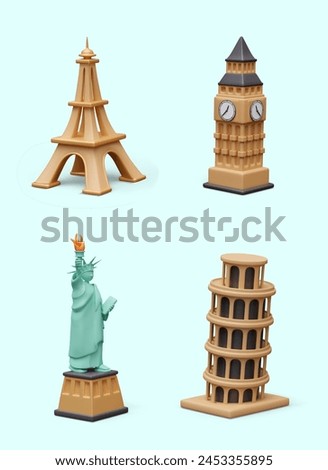 Collection of world architectural monuments in cartoon style. Colored 3D icons