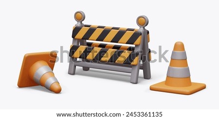 Set of temporary elements for emergency fencing. Signal cones, foldable barrier