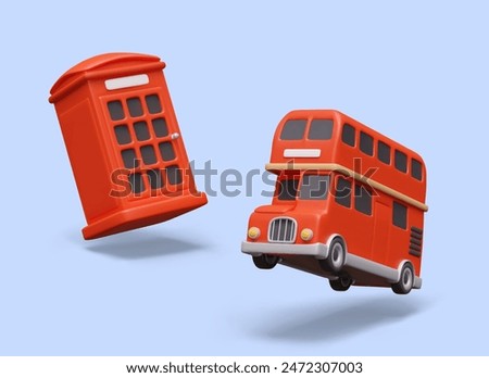 Bright symbols of Great Britain in realistic style. Red telephone booth, double decker bus