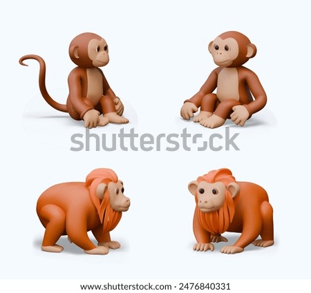 Set of vector 3D monkeys in different positions. Color templates