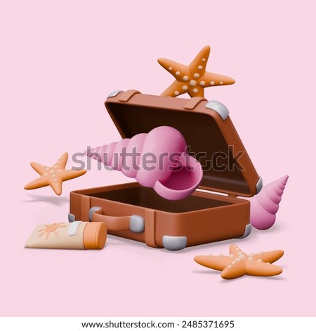 Natural souvenirs from coast. Realistic open suitcase, large seashell, starfish, suntan lotion