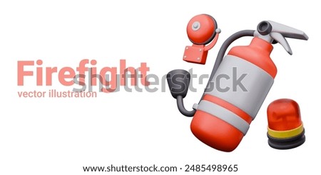 Collection of vector objects for fighting fire. 3D fire extinguisher closeup, fire bell, red signal