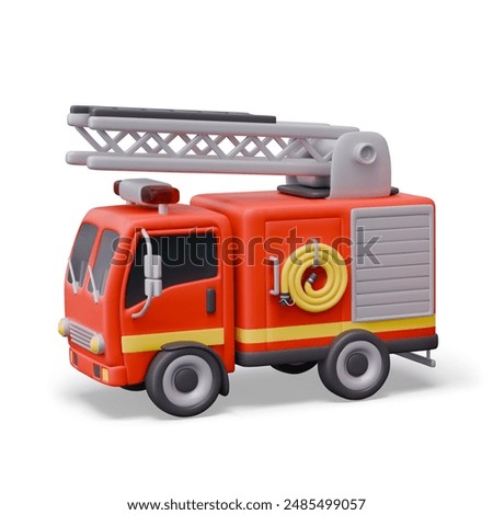 Realistic fire engine with ladder and hose. Detailed vector model of specialized transport