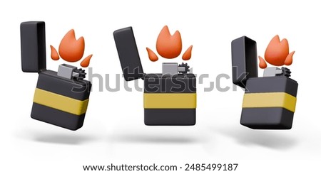 Realistic lighter with fire. Device for easily lighting fire. Vector model in different positions